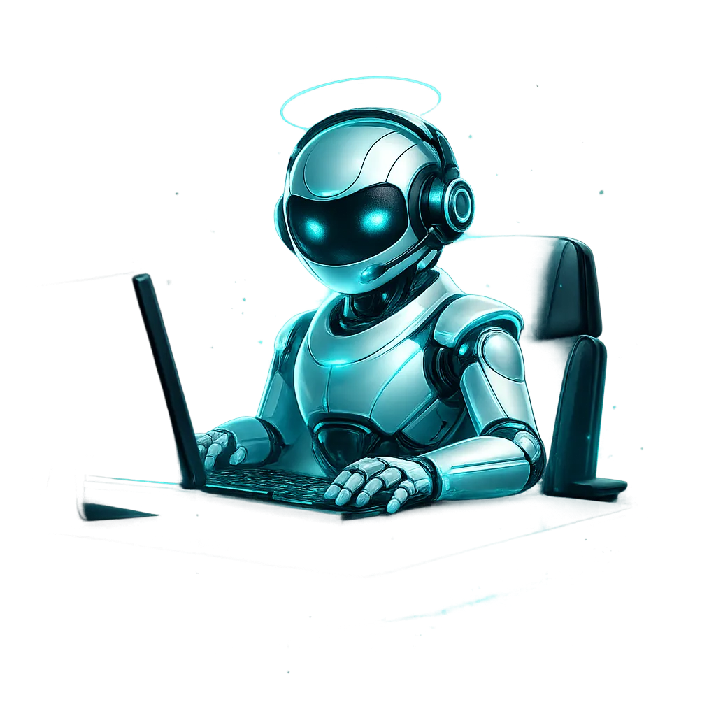 Friendly futuristic AI robot call agent with glowing turquoise headset and neon blue lighting on a transparent background.