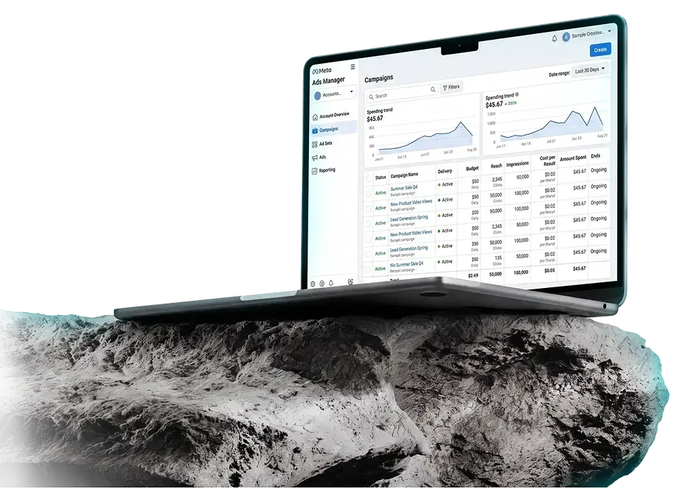 Laptop displaying the Meta Ads Manager dashboard resting on a textured rock platform, representing digital advertising, PPC campaign management, social media marketing, and online business analytics.