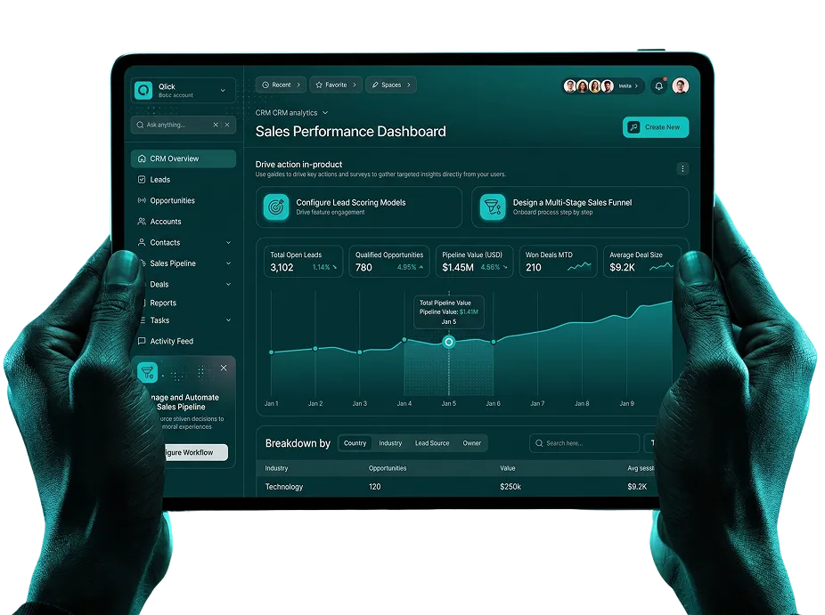 Hands holding a tablet displaying a modern CRM sales performance dashboard with analytics, lead tracking, sales pipeline metrics, charts, and business reporting interface.
