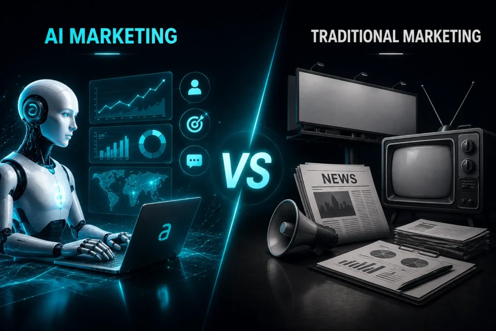 AI marketing versus traditional marketing illustration featuring AI automation tools and traditional advertising media