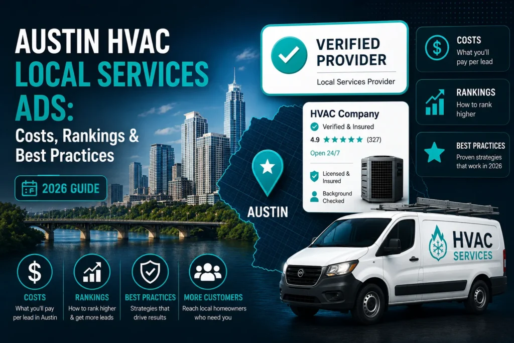 Austin HVAC Google Local Services Ads illustration with Google Guaranteed badge, Austin map, and HVAC service van