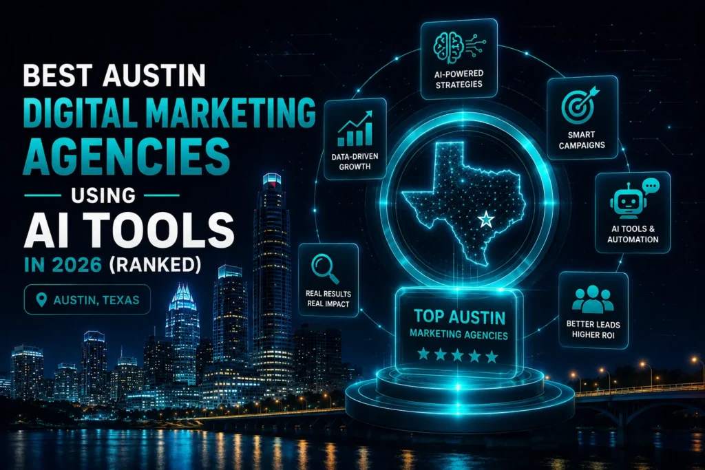 Best Austin digital marketing agencies using AI tools in 2026, featuring Austin skyline, AI strategies, automation, and ROI