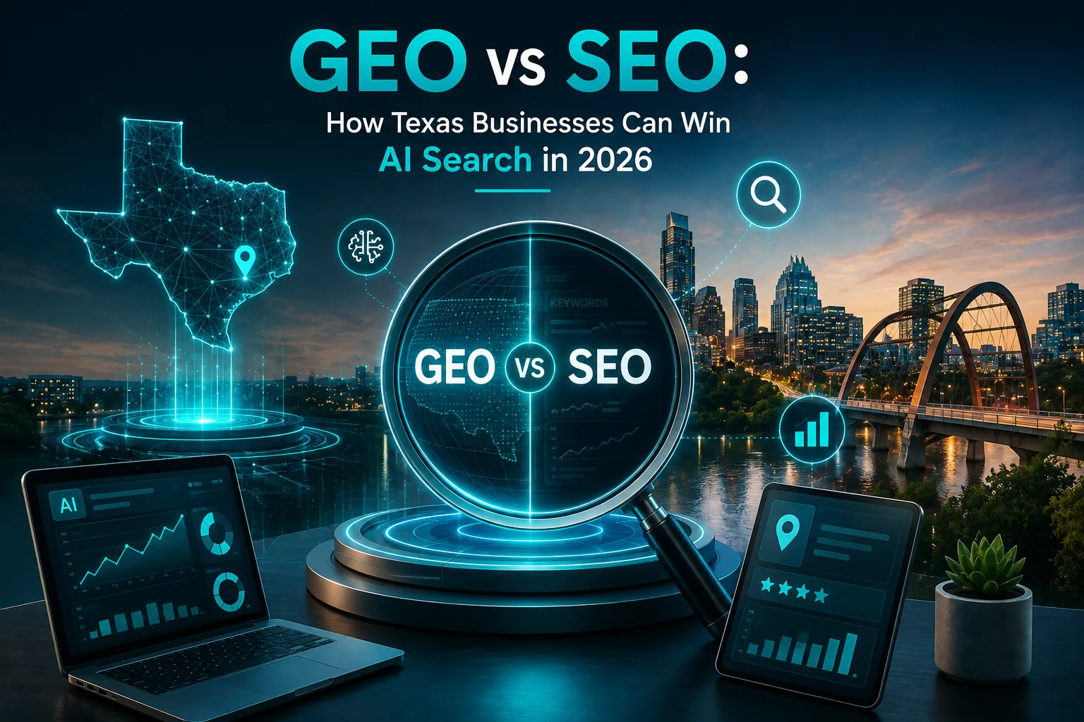 GEO vs SEO for Texas businesses showing AI search visibility and traditional search optimization