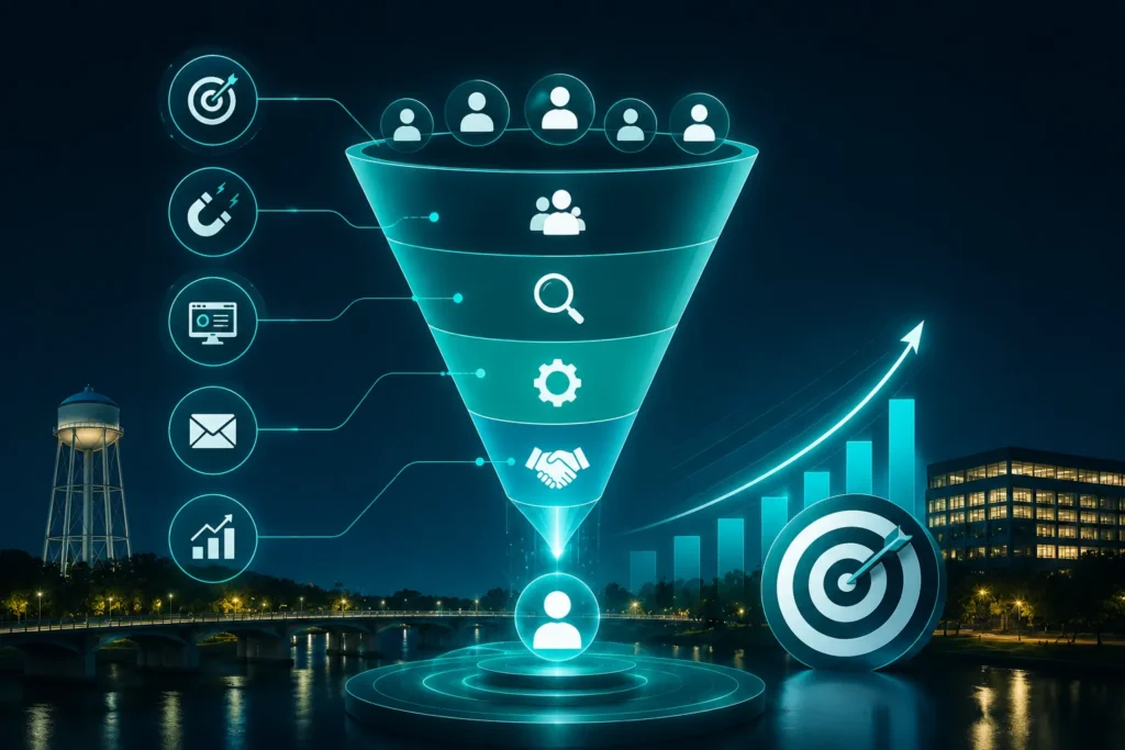 Lead generation funnel showing how Cedar Park businesses attract, qualify, and convert leads into clients