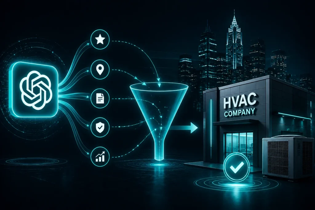 AI search evaluating and selecting an HVAC company using reputation, location, trust, and business authority signals, HVAC marketing Austin TX