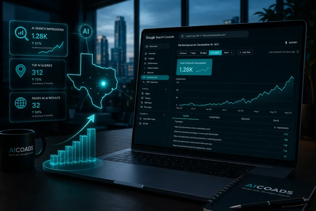 Google Search Console style AI search performance dashboard showing generative AI impressions and GEO visibility metrics