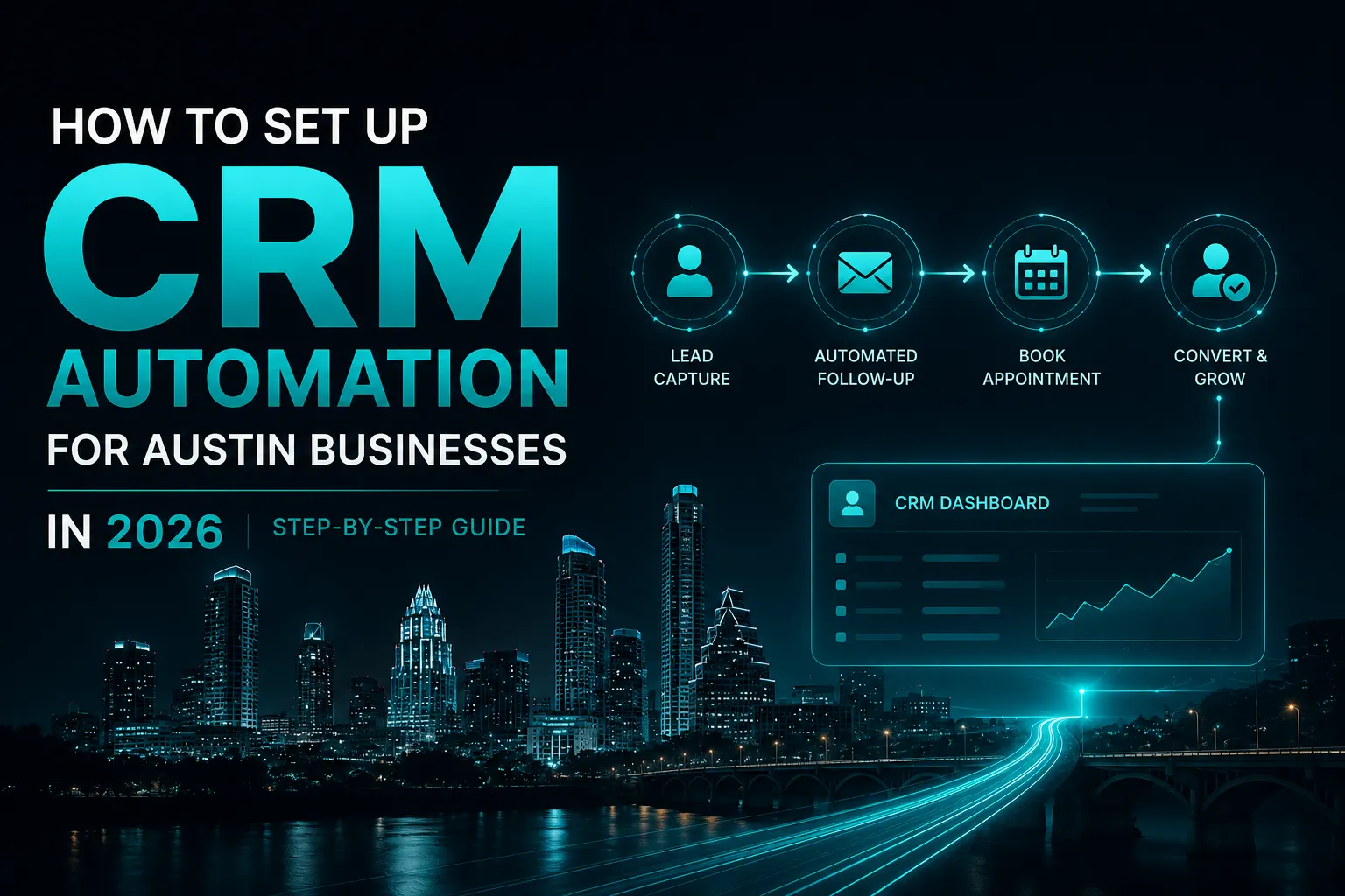 CRM automation setup Austin businesses in 2026 with lead workflow, CRM dashboard, and Austin skyline