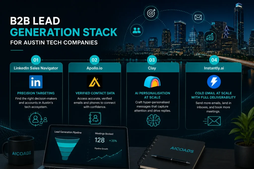 B2B lead generation stack for Austin tech companies using LinkedIn, Apollo, Clay, and Instantly