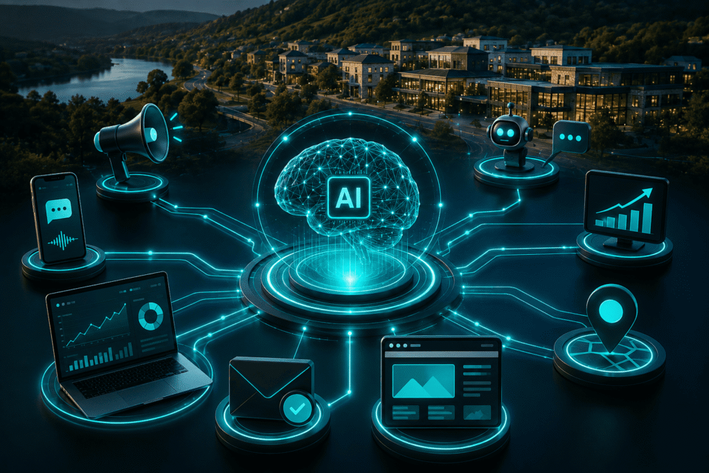 AI marketing system for Bee Cave businesses showing connected AI advertising, lead capture and customer communication tools