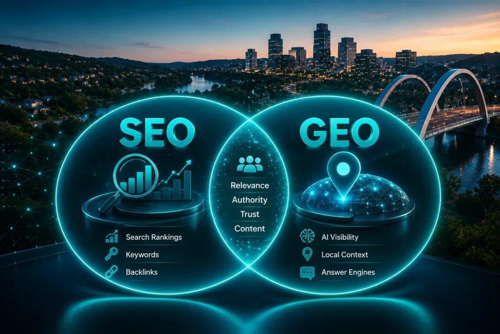 SEO and GEO overlap showing search rankings, AI visibility, local context, relevance, authority, and content