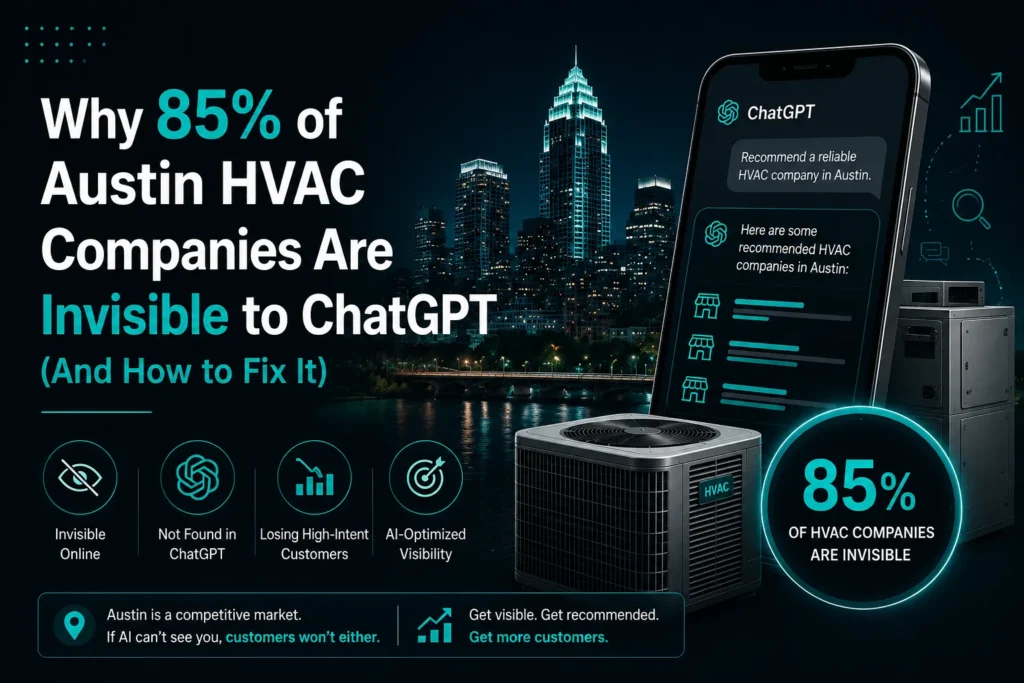 HVAC companies and ChatGPT visibility illustration with AI search, HVAC equipment, and Austin skyline, HVAC marketing Austin TX