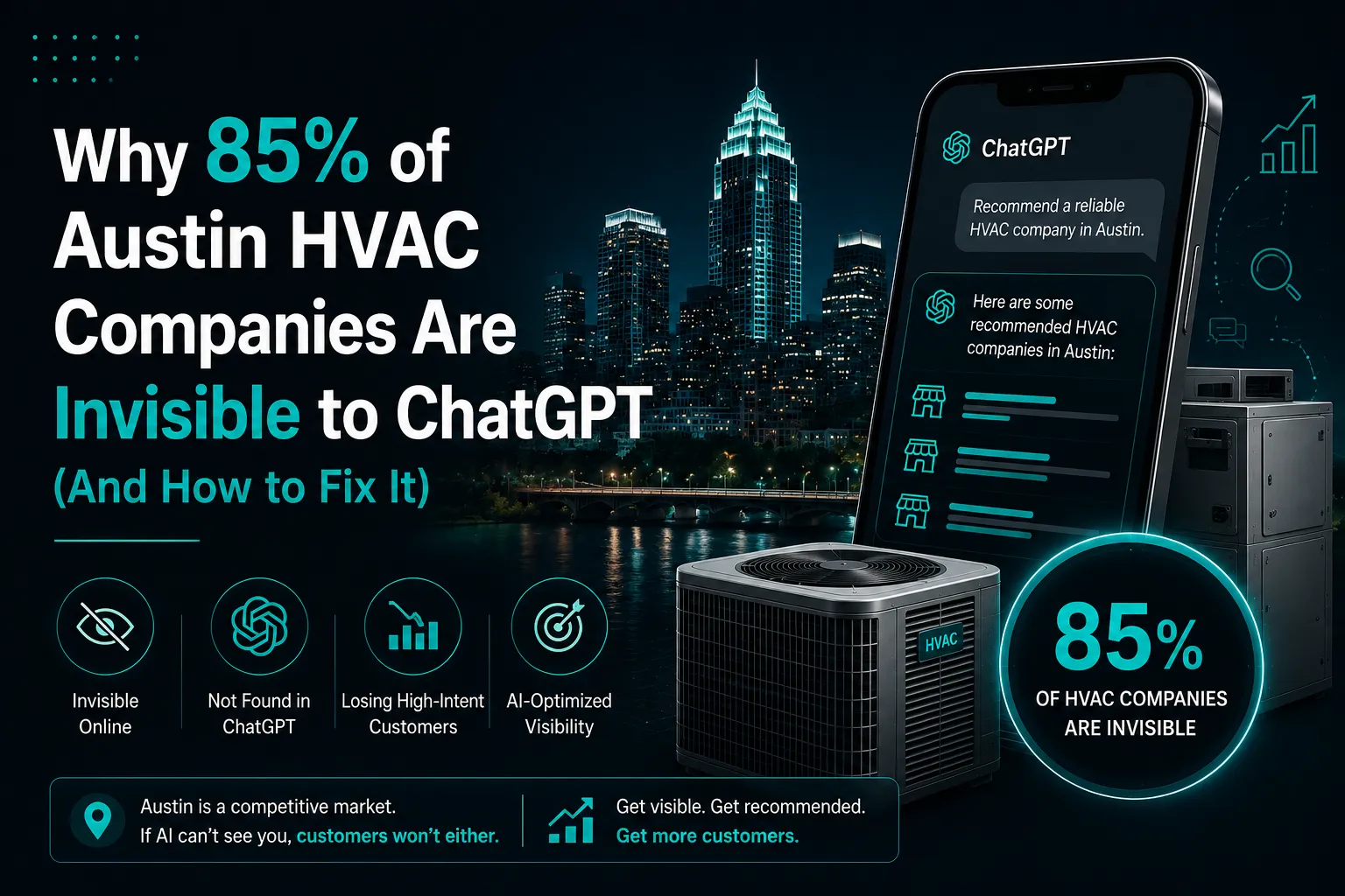 HVAC companies and ChatGPT visibility illustration with AI search, HVAC equipment, and Austin skyline, HVAC marketing Austin TX