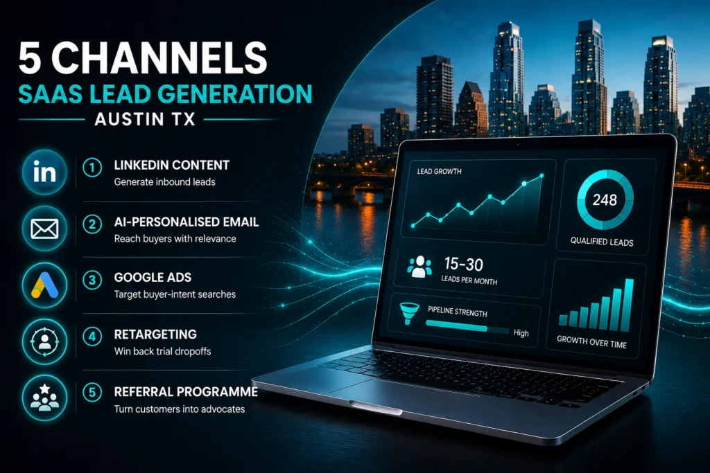 5 SaaS lead generation channels for Austin TX including LinkedIn, AI email, Google Ads, retargeting, and referrals