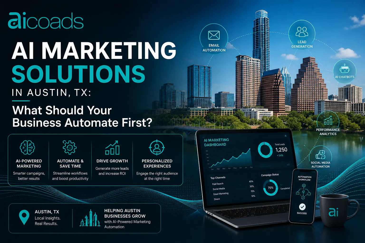 AI marketing solutions in Austin TX showing automation tools, lead generation, analytics dashboard & business growth concept