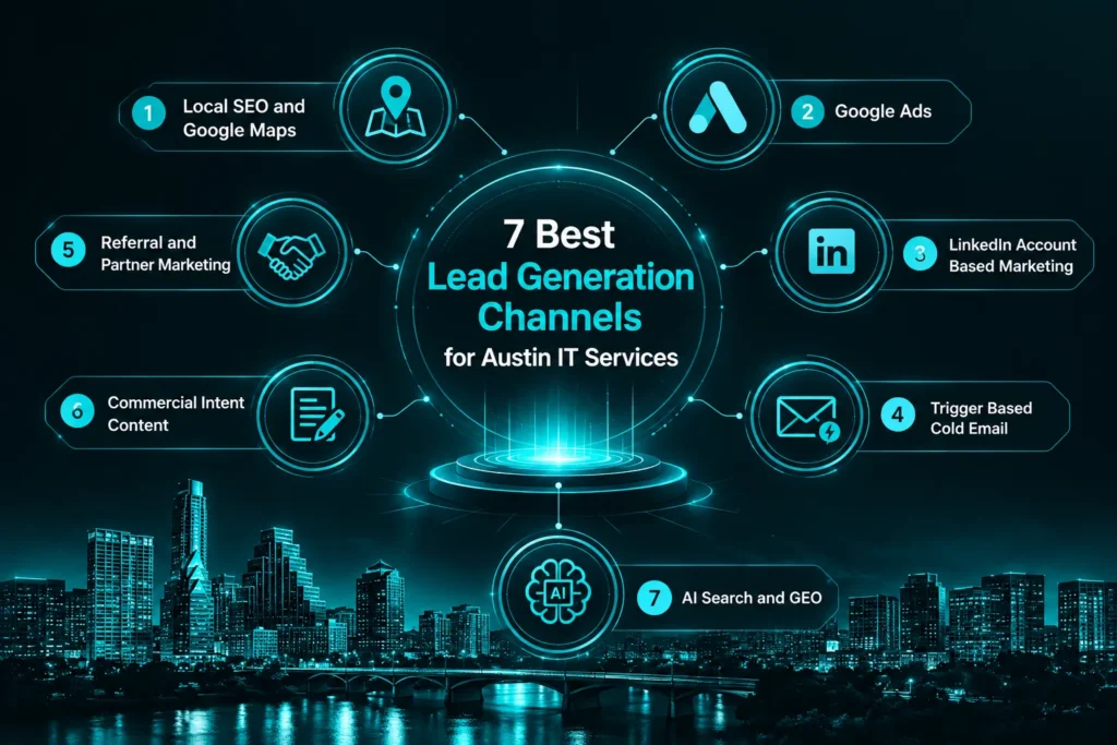7 lead generation channels for Austin IT services:SEO, Google Ads, LinkedIn, cold email, referrals, content and AI search